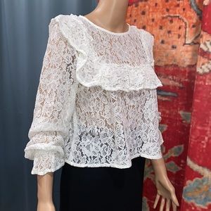 H&M White Ruffle Lace Sheer Blouse – Coquette Romantic Prairie Top S